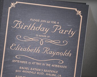 Coral Chalkboard Birthday Party invites