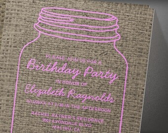 Brown Rustic Burlap Mason Jar Birthday Party invites