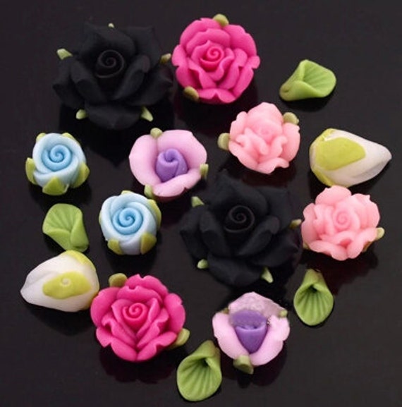 colorful rose Flower Beads Polymer Clay Fimo Flowers Clay Beads black