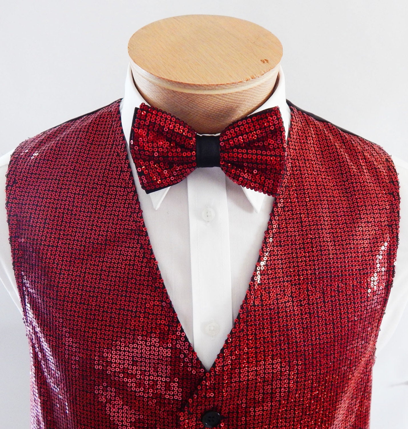 Mens Red Sequin Vest and Bow Tie Set