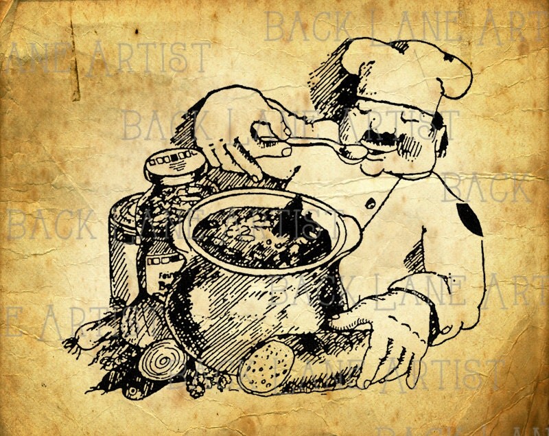 Vintage Chef Kitchen Cooking Clipart Lineart Illustration