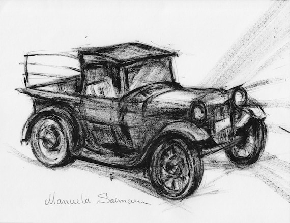 Classic Car Drawing Illustration Antique Truck Car Print Retro