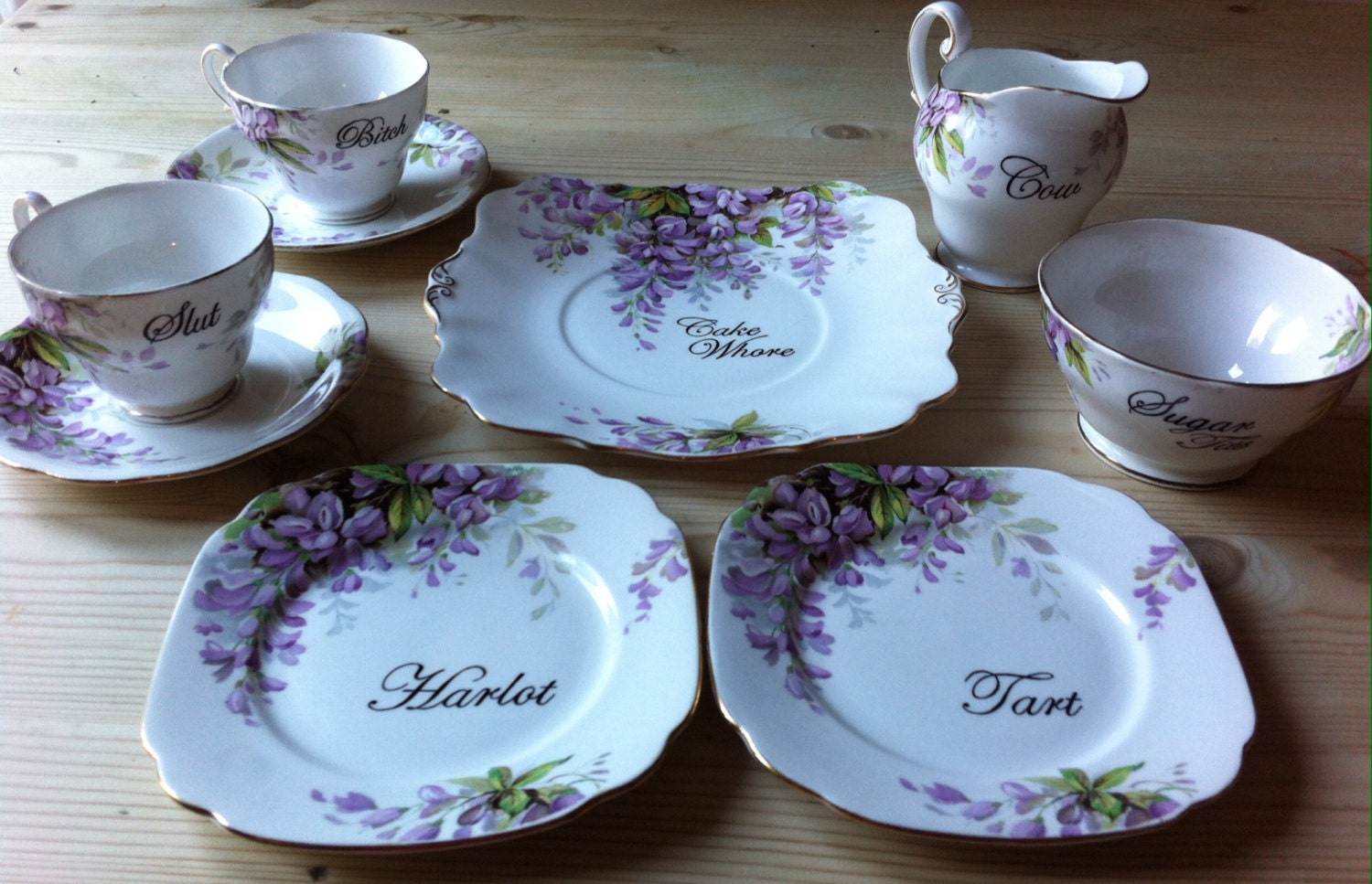 Hand Decorated 'Wisteria' Tea Set 2 x Cups and