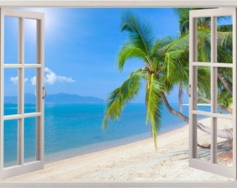 Tropical beach wall sticker 3D window boat wall decal for