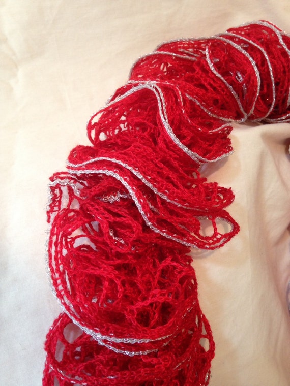 Red Heart Sashay frilly scarf. Lightweight, fashionable and soft scarf!