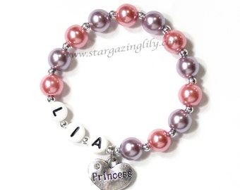 Princess Name bracelet for your little girl. Rhinestone heart charm YOU CHOOSE COLOR. Best Friend Sister Bridesmaid Goddaughter Flower Girl