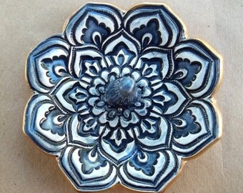 Navy Blue Lotus Ring Holder Bowl Ring Dish gold edged