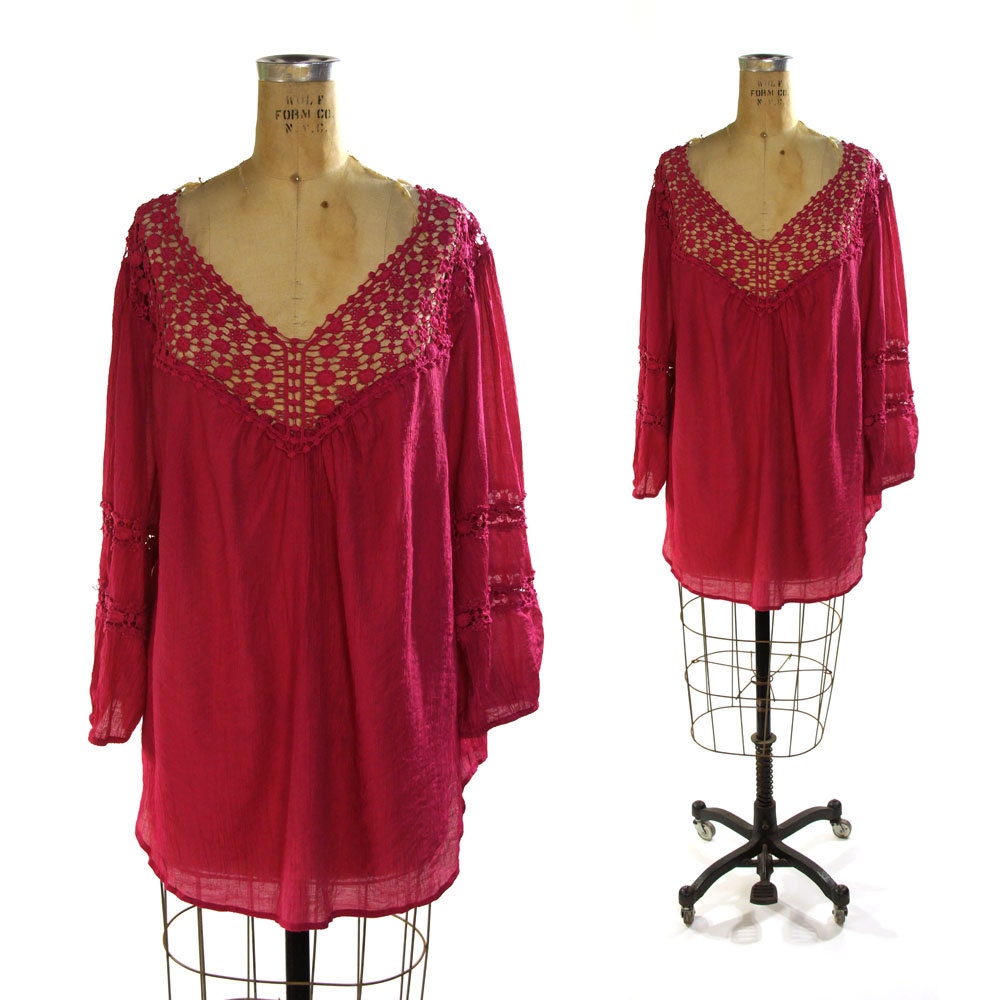 Indian Cotton Gauze Peasant Blouse with Crochet Neckline