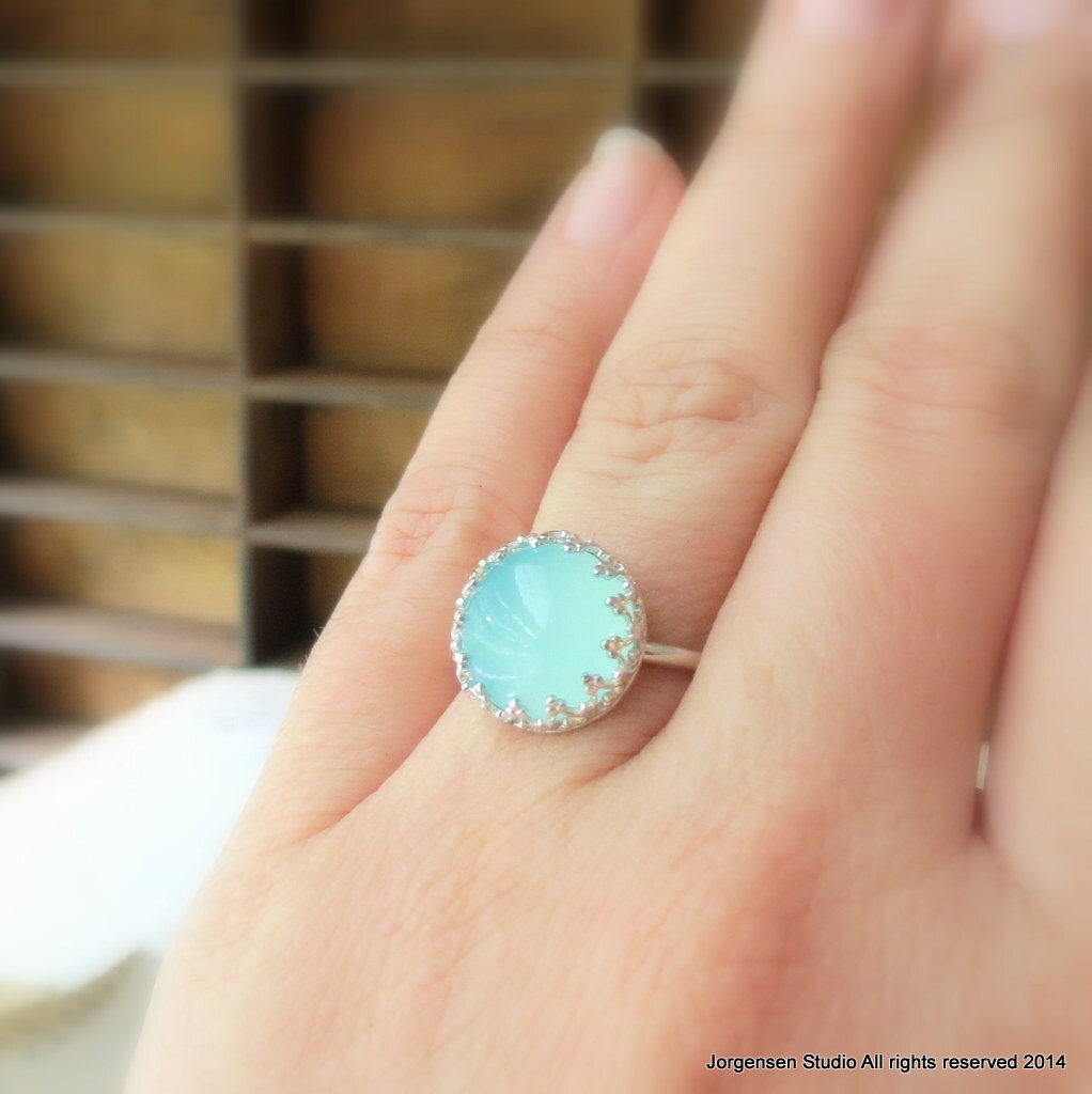 Statement Ring Blue Chalcedony Cabochon Crown Cocktail Ring in