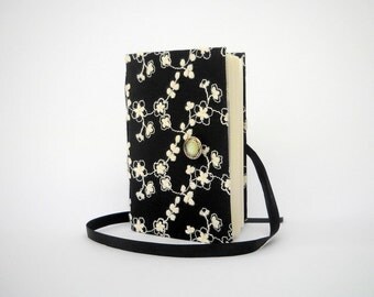 Black Journal notebook Handmade journal lined journal for writing personal diary with white embroidery opens with Silver Button and Ribbon