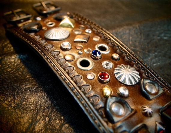 Leather cuff Bracelet Brown Jeweled, studded, stamped, Pirate Treasure cuff made for YOU in NYC by Freddie Matara!