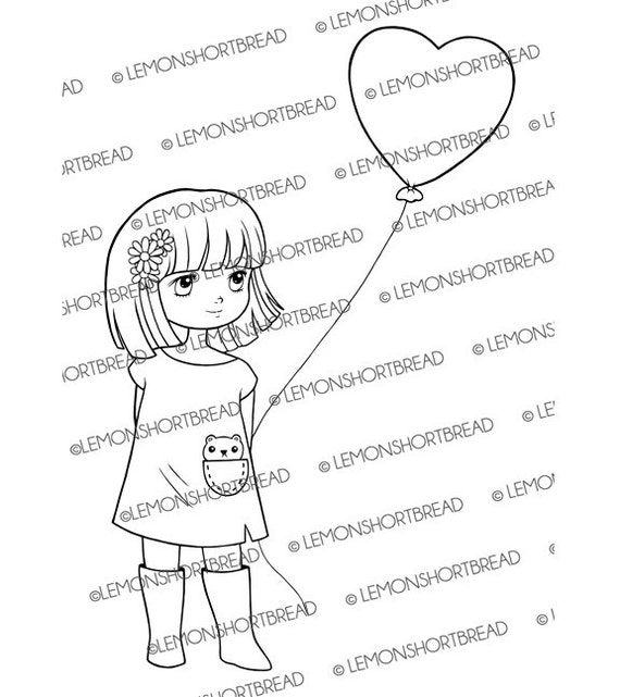 Digital Stamp Heart Balloon Girl Digi Download I Love You