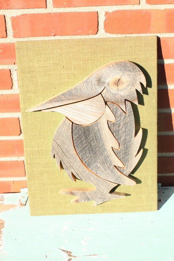 Wooden Pelican Wall hanging Pieced Wood Art Green Burlap