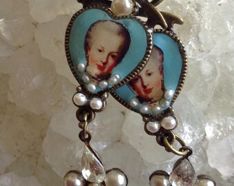 Lilygrace Marie Antoinette Heart Cameo Earrings with Freshwater Seed Pearls, Glass Pearls and Vintage Rhinestones