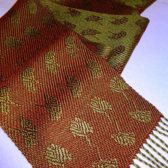 Hand Woven Tencel Scarf Ginkgo Leaves Rust Sage Green