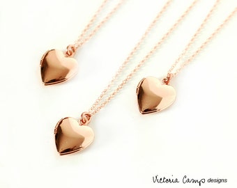 Rose Gold Heart Locket Necklace, Tiny Puffy Heart, Bridesmaids, Bridal Party, Rose Gold, Gift for Her