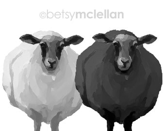 Black & White Sheep - Graphic Style - Paper - Canvas - Wood Block - Giclee Print