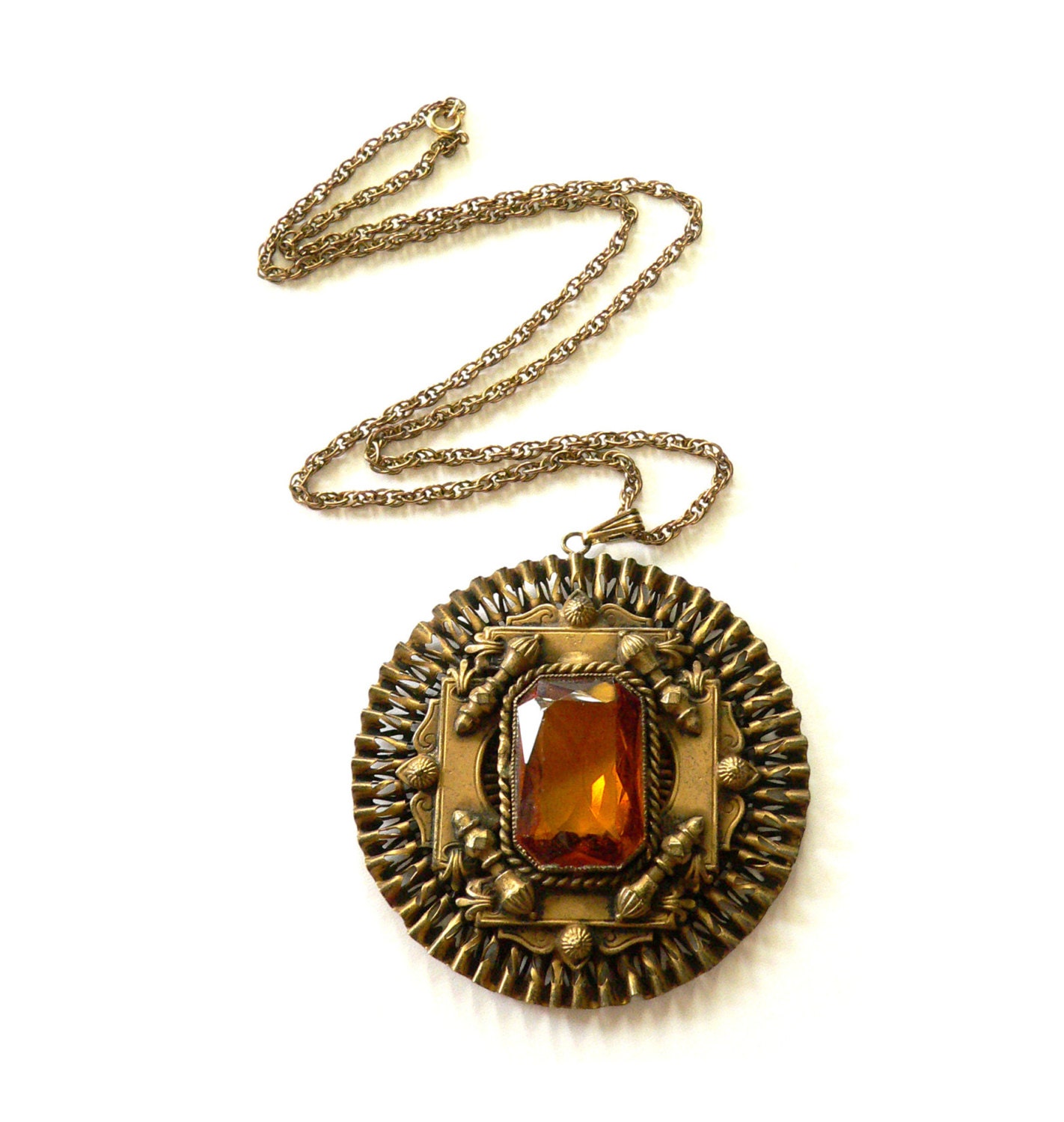 Massive Art Deco Medallion Necklace 1930s Amber Glass and