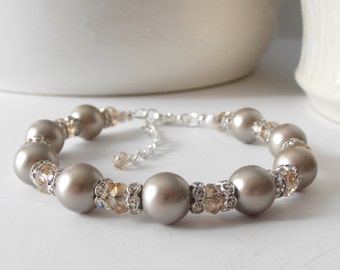 Taupe Pearl Bracelet, Mother of the Bride Jewelry, Swarovski Platinum Pearl Bead Bracelet, Bridesmaid Jewelry, Classic Wedding Jewelry