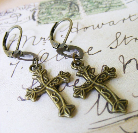 Olive Branch Cross and Heart Dangle Earrings by meiguidesigns