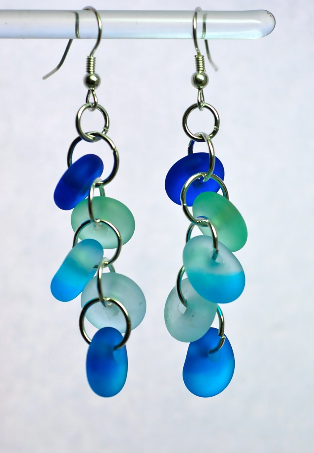 New water blue sea glass style earrings etched glass drop