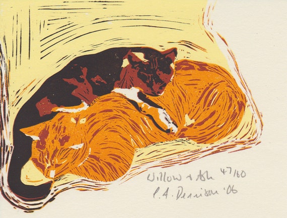 Items similar to Original Reduction Lino Print - Cats on Etsy