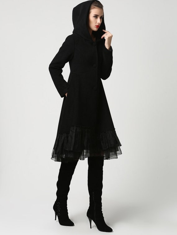 Items similar to Womens Black Wool Midi Coat with Hood and Tulle Hem ...