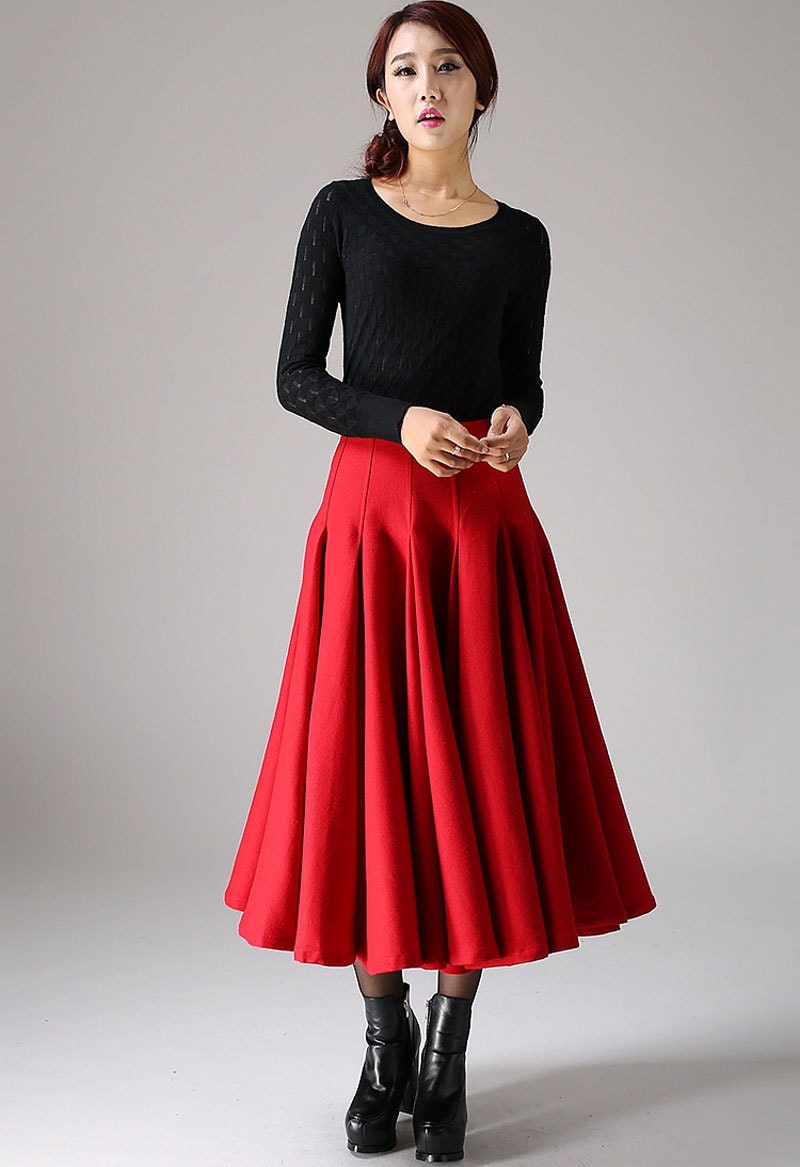 red skirt wool skirt long skirt womens maxi skirt pleated