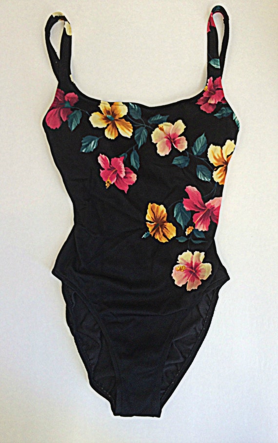 FRENCH CUT vintage 80s Black Floral One piece Swim by musestudio