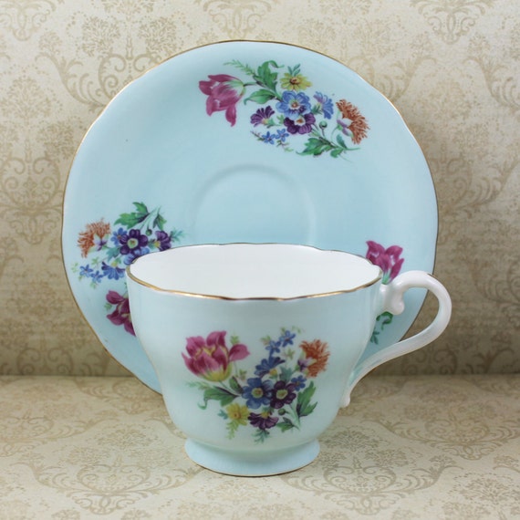 blue Tea Vintage Floral Saucer and  Blue Aynsley tea cups Cup vintage