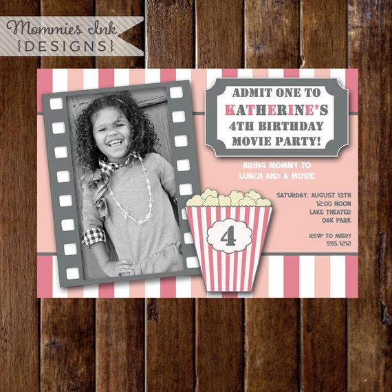 Pink and Girly Movie Night Birthday Photo Party Invitation