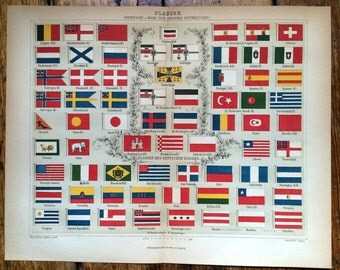 1889 international country flags original antique print no. D