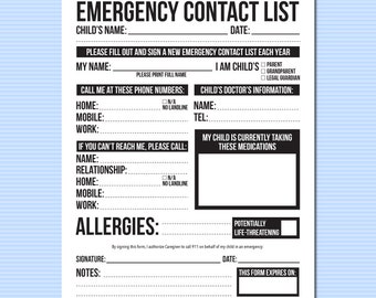 emergency contact form for daycare printable pdf sheet
