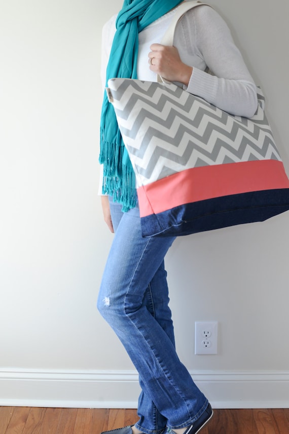EXTRA Large Beach Bag  Tote in Gray Chevron and Coral Stripe with an ...