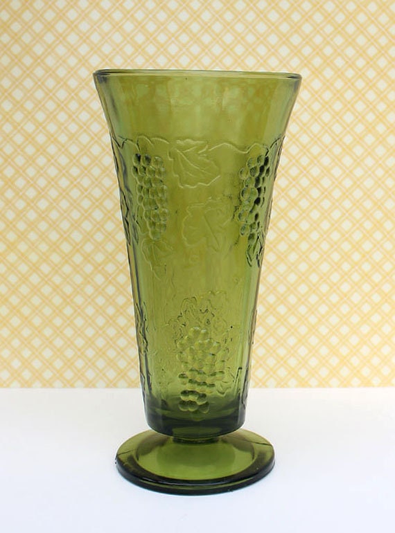Vintage Green Pressed Glass Footed Vase Grapes and Leaves