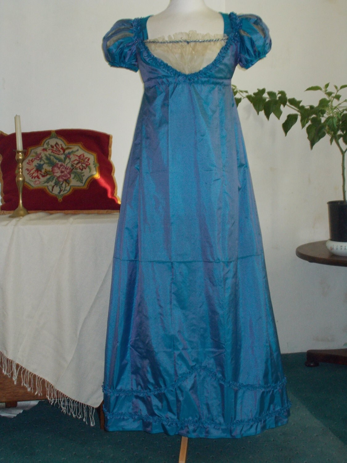 Regency ball gown in blue and champagne