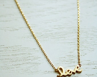 Love Necklace Gold, Tiny Love Necklace, Love Charm Necklace, Love Script Necklace