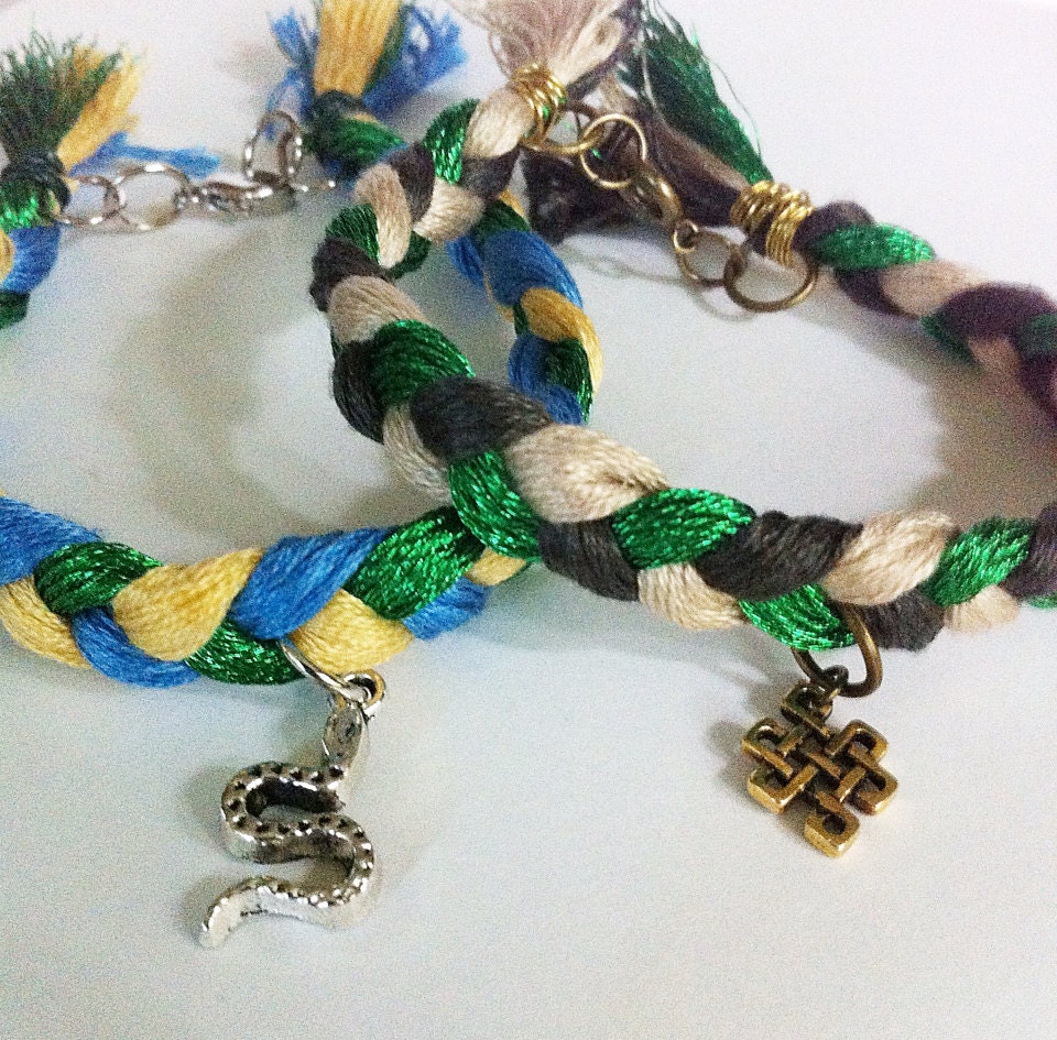 Bluegreenyellow braided friendship bracelet snake by BeadingByJenn
