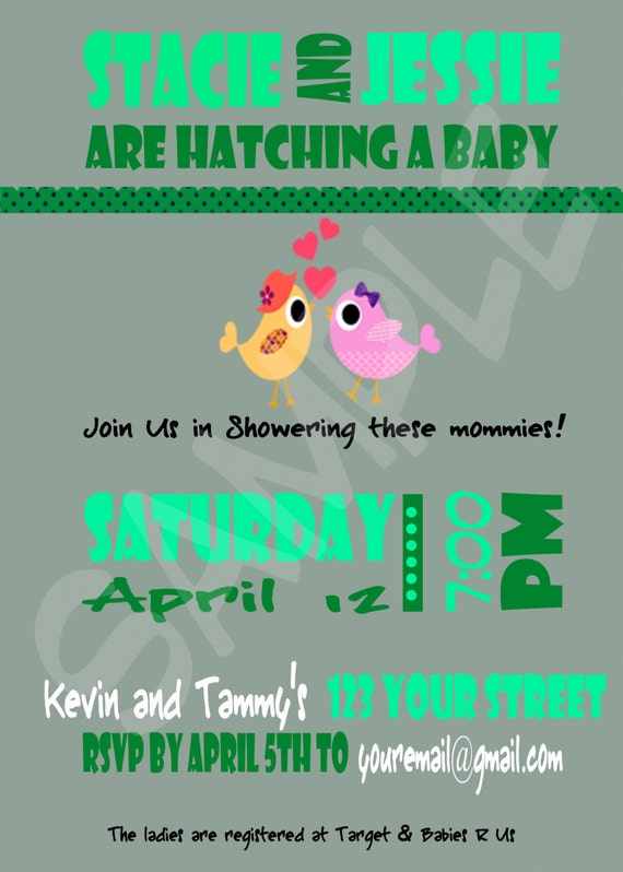 Lesbian Mommies Personalized, Printable Baby Shower Invitation with Cute Bird Designs - BSL1000-BSL1004 Il_570xn