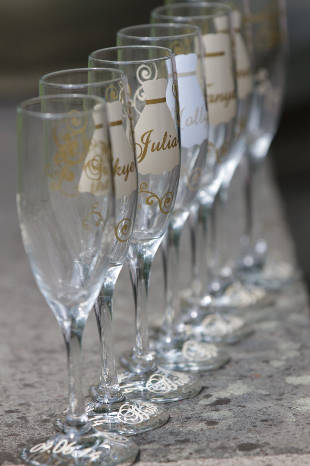 Bridesmaid dress champagne flutes glasses name over the dress
