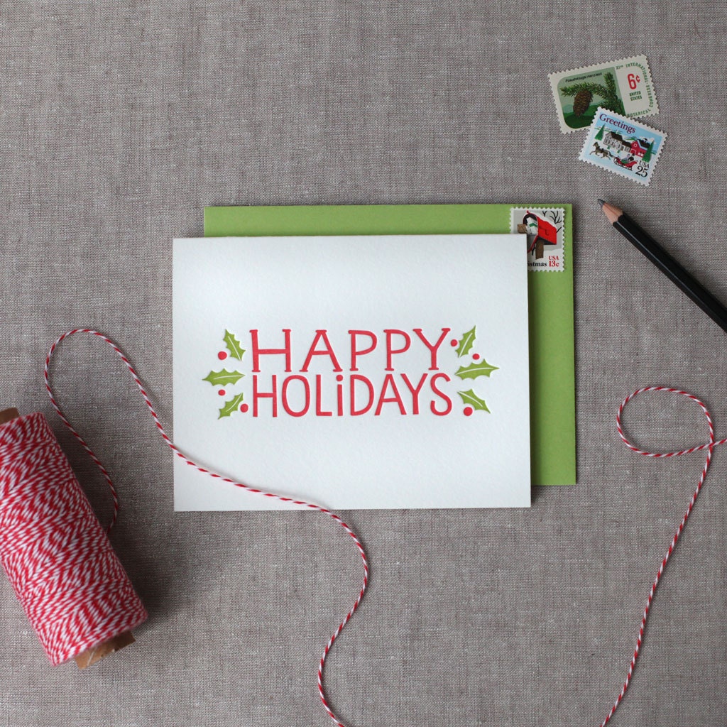 Letterpress Christmas Card "Happy Holidays" - hand lettered & hand illustrated single card