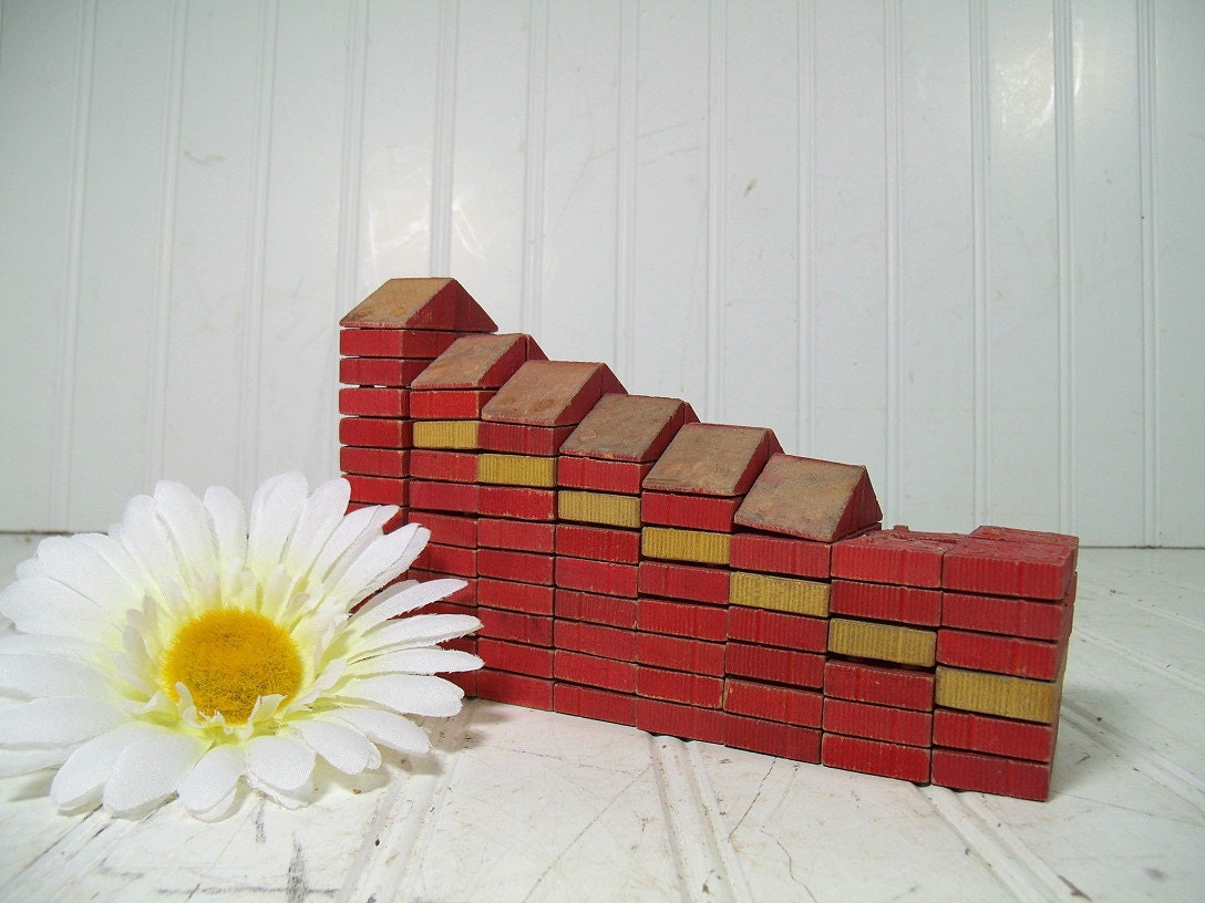 Antique Red Wooden American Bricks Building Blocks Collection