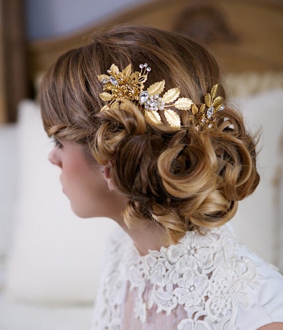 Gold Hair Pin and Comb set, Wedding Flower Headpiece,Crystal Flower Bridal Hair Accessories, Gold Leaves Headpiece, Hair Vine, STYLE 105