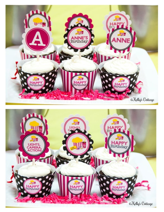 Movie Night Birthday Custom Party 2 Inch Party Circles + BONUS Theme 2 Inch Party Circles and Cupcake Wrappers Il_570xn
