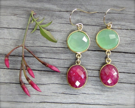 Ruby Earrings : Double drop chalcedony ruby earrings. Gold green ...