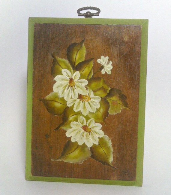 Vintage Hand-Painted Daisies on Wooden Plaque Floral Wall
