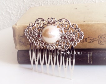 Pearl Hair Comb Wedding Bridal Hair Accessory Silver Antique Brass Vintage Style Something Old White Ivory Cream