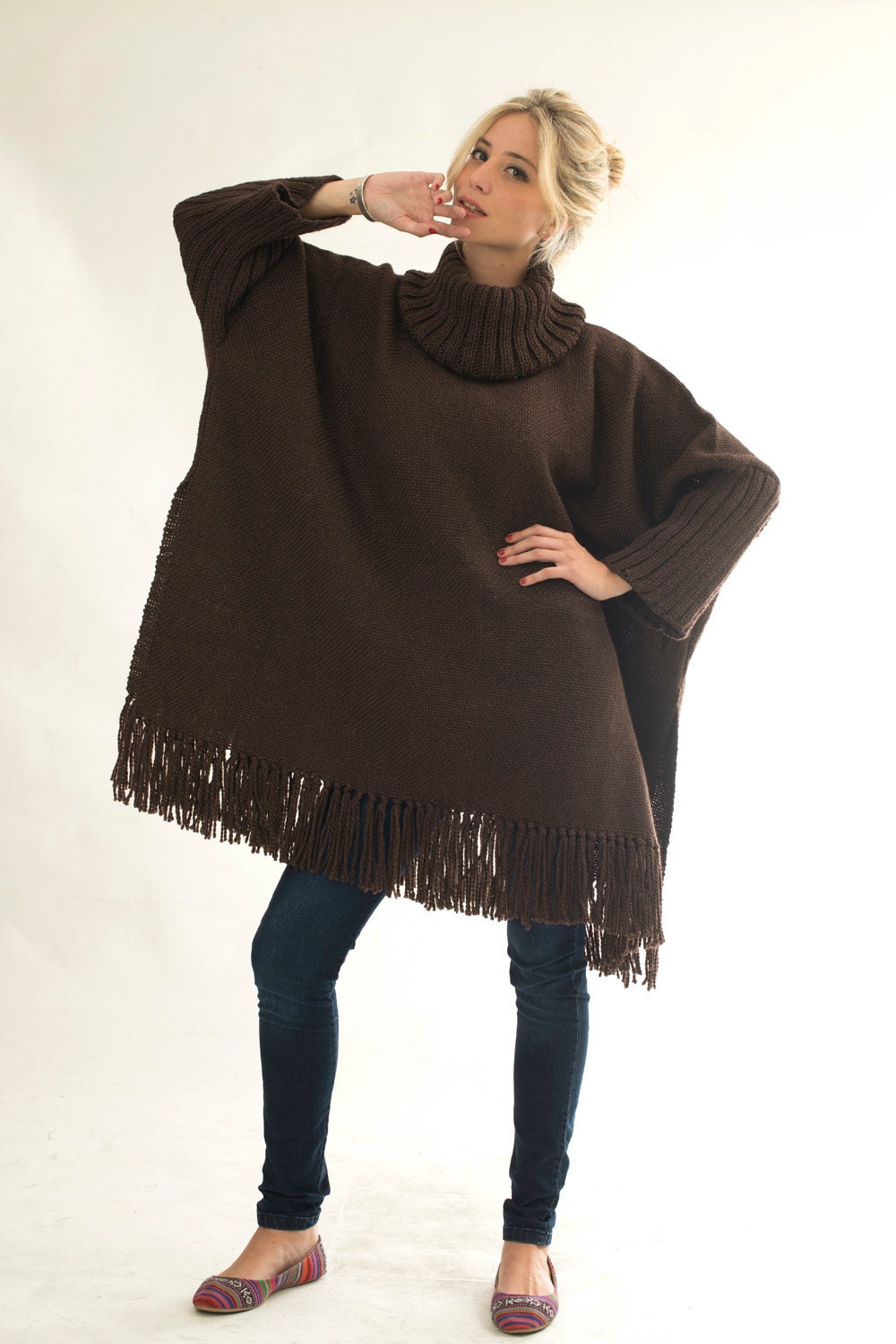 Turtleneck Poncho handwoven Plus size wool cape coat by texturable