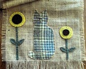 burlap table runner with primitive wool penny flowers and cat