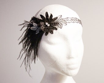Great Gatsby Flapper Black Feathers Headband - Beaded Hairband - 1920 20s Flapper Girl Inspired - Silver Black Lace